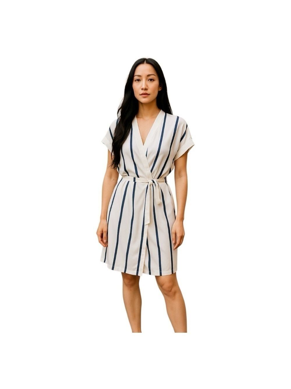 Equipment Femme Striped Wrap Dress White Blue Elegant Satin Minimalist Sz XXS